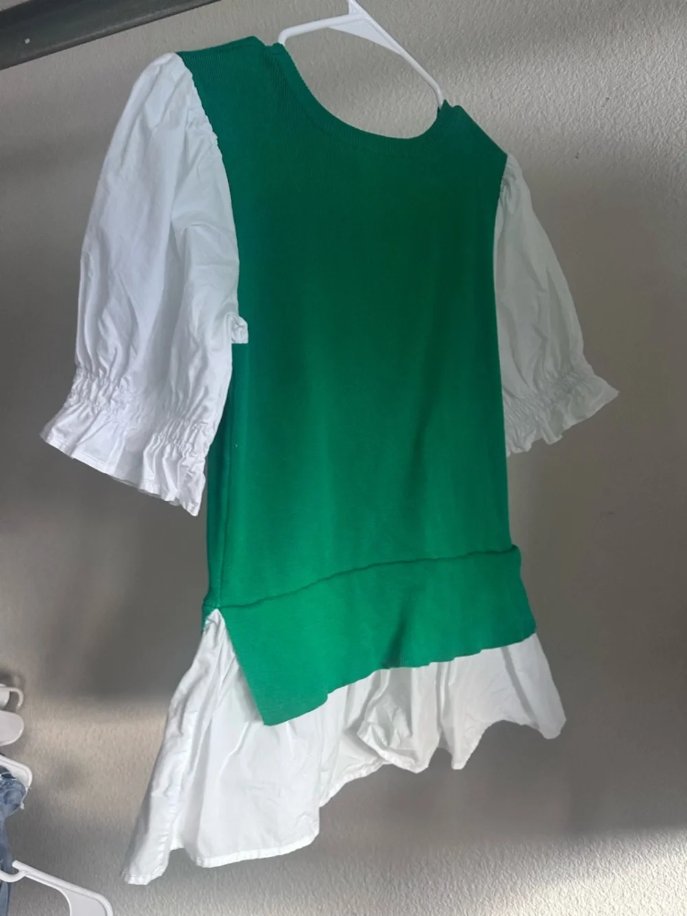 Anthropologie Green Knit Overlay Top with White Puff Sleeves